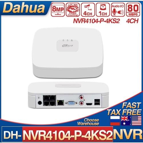 Dahua NVR4104-P-4KS2 4 Channel Smart 1U 4PoE 4K&H.265 Lite Network Video Recorder 1HDD Audio IN/OUT Intelligent Alarm