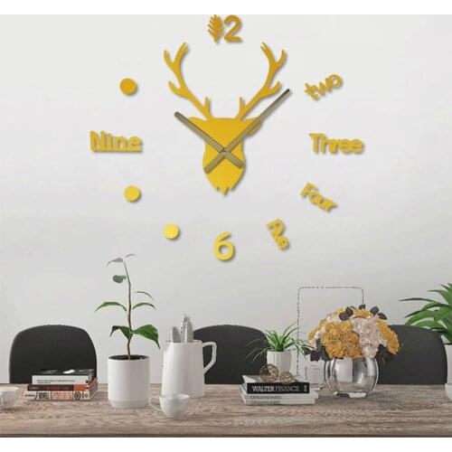 Creative Deer Head DIY Giant Wall Clock Woodland Modern Deer Antler Wall Clock Acrylic Mirror Effect Animals Home Decoration