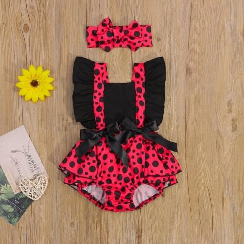 Summer 2Pcs Baby Girls Outfit Toddlers Creative Dot Printing Splicing Skirt Fly Sleeve Lace Up Romper + Bow Headwear Set