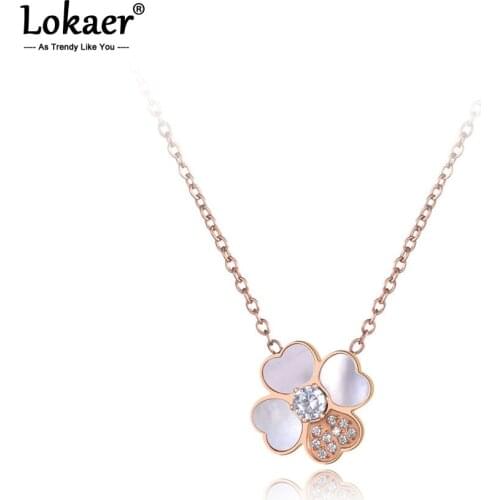 Lokaer Titanium Steel Love Heart Flower Pendant Necklaces Jewelry CZ Crystal Shell Choker Wedding Necklace For Women N19088