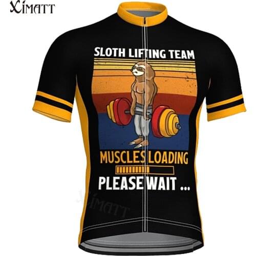 XIMATT New Style Sloth Weightlifting Summer Polyester Mens Cycling Jersey Short Sleeve Breathable Quick Dry Customizable