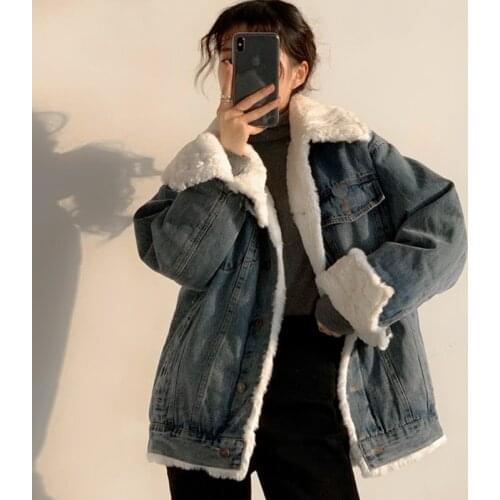 New Women Denim Jacket Autumn Winter 2021 Casual Vintage Plus Velvet Liner Thick Warm All-match Loose Denim Coat Outerwear