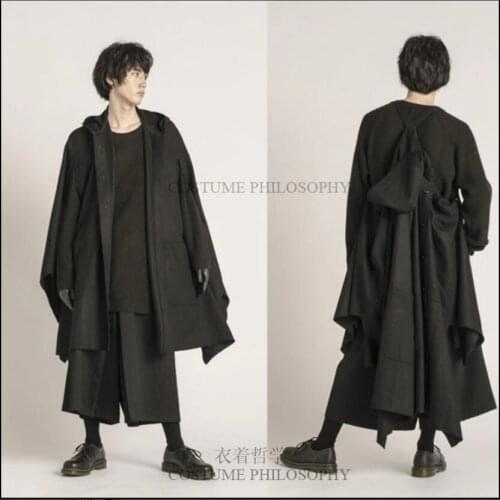 S-6xl Men Woolen Coat Unique Design Mens Cloak Black Trench Super Loose Back-mounted Medium Long Section Autumn And Winter