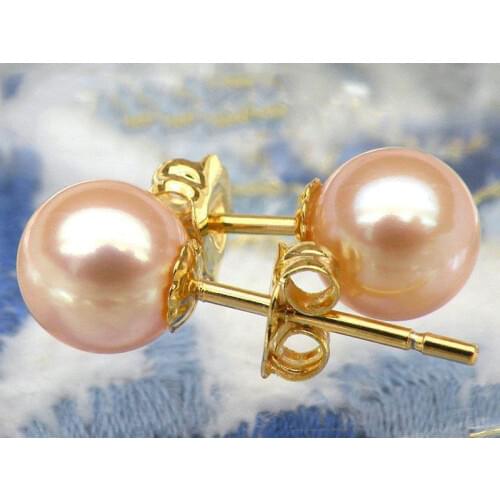 Genuine 6mm perfect round AAA+++ pink akoya pearl earring solid 14K yellow gold