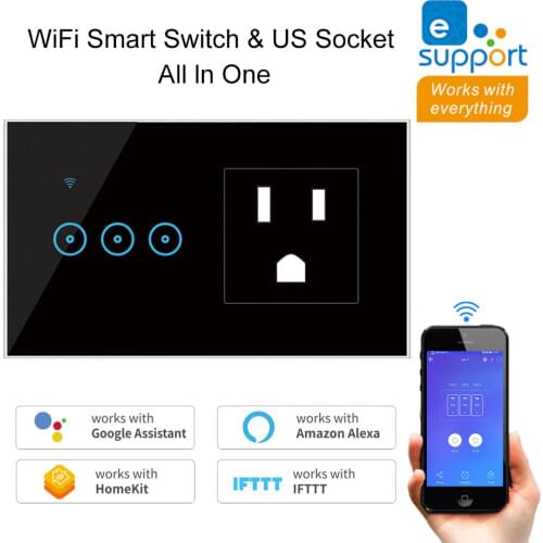 US Socket with Wall Touch Sensor WiFi Switch eWeLink APP Control Smart Light Switch Compatible with Alexa Google Home