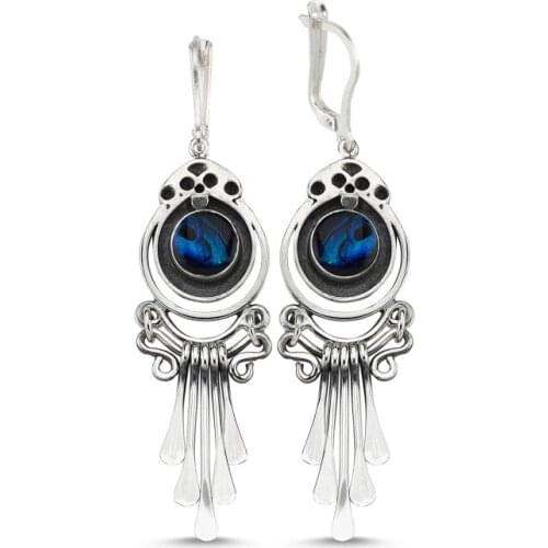 Silver 925 Sterling Abalonlu Dangle Hand Handwork Earrings