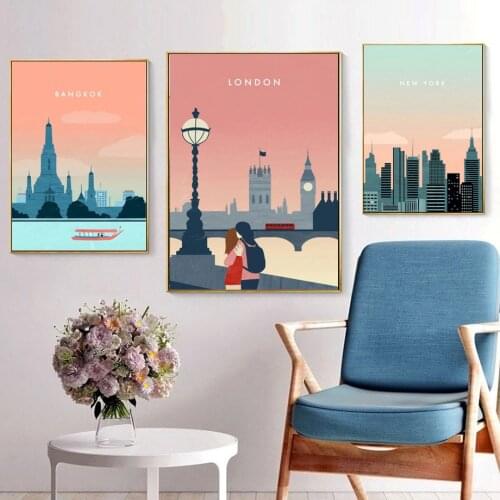 Nordic Simple Style Hot City Cartoon Scene Canvas Painting Wall Art Pictures Decoration For Living Room Childrens Bedroom