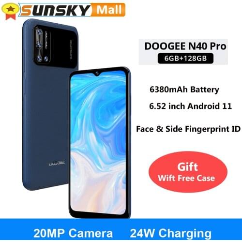 DOOGEE N40 Pro 6GB 128GB Mobile Phone Face ID Side Fingerprint ID 6380mAh Battery 6.52" Android 11 Octa Core 4G OTG Smartphone