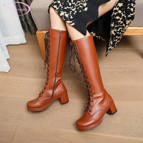 Party style comfortable round toe knee-high boots fashion lace-up platform zipper medium heel chunky riding boots womens shoes