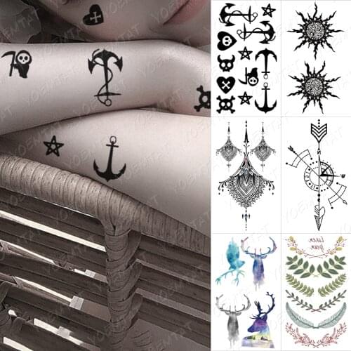 Waterproof Temporary Tattoos Deer Good Luck Anchor Flash Tatoo Sticker Compass Leaf Body Art Watertransfer Fake Tatto Women Men