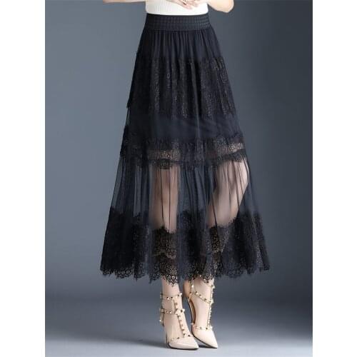 High-End Mesh Skirt 2021 Summer Plus Size Fashion Lace Patchwork Hollow Out Long Skirt Women Elegant Jupe Femme White Saiazh868