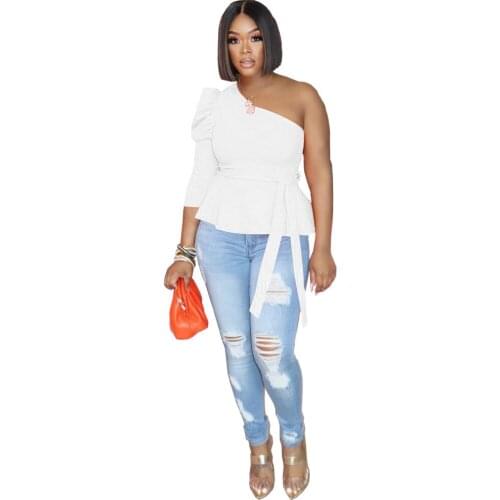 Womens One Shoulder Short Puff Sleeve Self Belted Solid Blouse Top Slanted Shoulder Puff Sleeve Sexy Cute Top