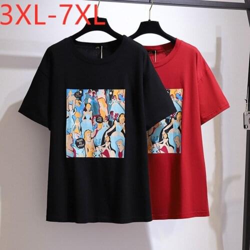 New 2021 Ladies Summer Plus Size Tops For Women Large Short Sleeve Loose Cotton Black Red Print T-shirt 3XL 4XL 5XL 6XL 7XL