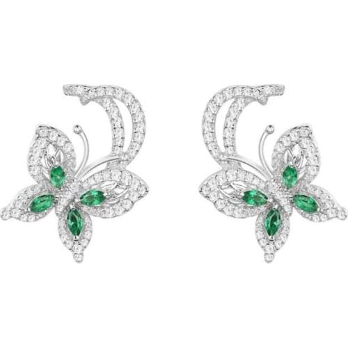 SLJELY Real 925 Sterling Silver Green Stones Butterfly Stud Earrings Micropave Cubic Zirconia Elegant Women Party Luxury Jewelry