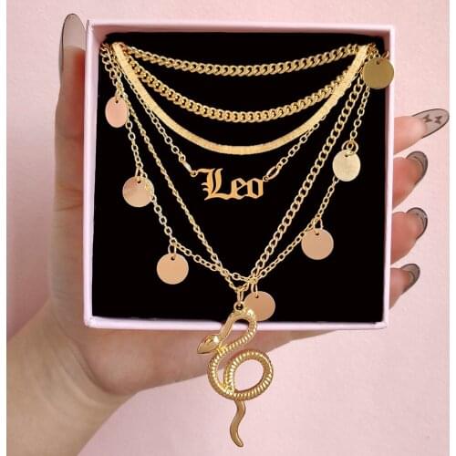 Flatfoosie Fashion Animal Snake Pendant Necklace For Women Multi-layer Gold Color Leo Metal Clavicle Chain Necklace Boho Jewelry