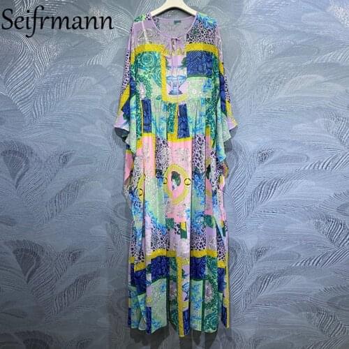 Seifrmann New 2021 Summer Women Fashion Runway Beach Holiday Dress Batwing Sleeve Bow Vintage Printed Loose Dresses Vestidos