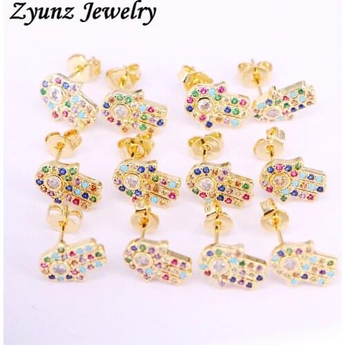 6 Pairs, Hamsa Hand with Eye Stud Earrings Rainbow CZ Micro Pave Cute Fatima Jewelry Earrings
