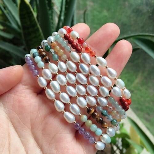 4mm Natural Gems Stone Strand Bracelet Small Rice White Pearl Beaded Adjustable Braided Bracelets for Women Girl Healing Jewelry
