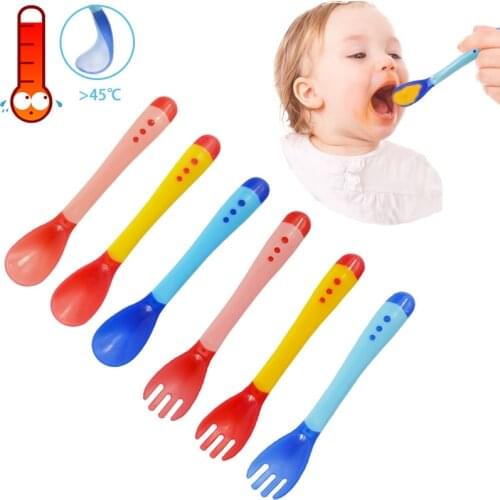 Baby Temperature Sensing Spoon and Fork Safety Silicone Feeding Flatware Spoon+Fork Bebe Feeder Utensils Feeding Tableware