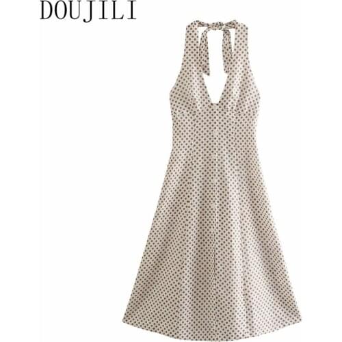DOUJILI Fashion Dress Round Dots Sleeveless Backless Hang on Neck Women Dress Summer 2021