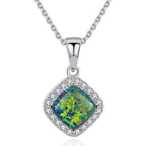 Square opal necklace s925 Sterling Silver Zircon 7mm Opals Pendant Necklace Women Gift Fashion Jewelry