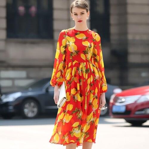2016 Summer Autumn New Fashion Women Celebrity Runway Casual Plus Size Long Sleeves Lemon Print Long Chiffon Vestido Beach Dress