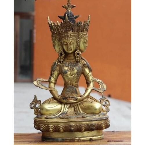 Tibet Buddhism Bronze Copper Four Face Ushnisha vijaya Kwan-yin Buddha Statue
