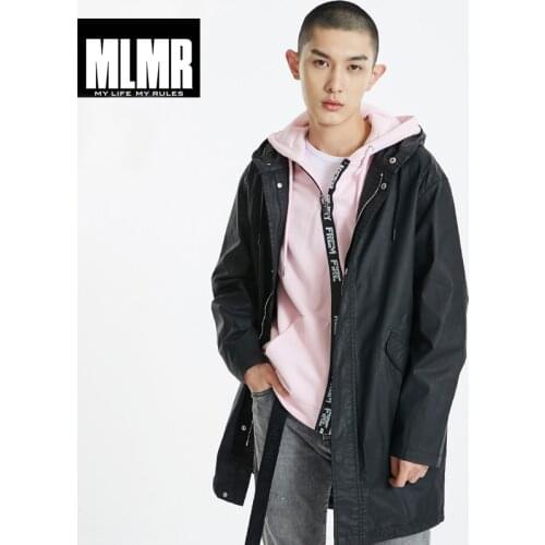 JackJones Mens Pure Color Mid-length Printed Waist Drawstring Hooded Trench Coat |219121540