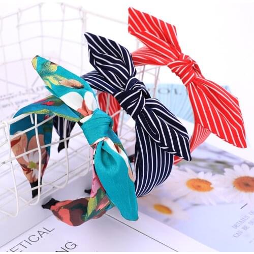 Rabbit Ears Cloth Striped Print Bow Hairbands Elastic Wide Side Headband Hair Hoop Band Fashion Ladies For Girl Hair Accessories