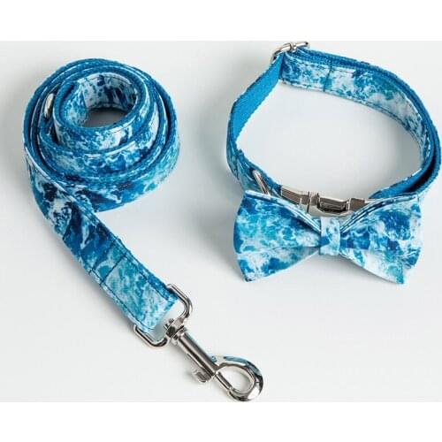 Ocean Style Printing Pattern Dog Collar And Leash Set Zinc Alloy Release Buckle Adjustable Pet Collar With The Bow 5 Sizes