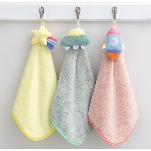 Cartoon Hand Towel Hanging Coral Fleece Plush Bath Cloth Cleaning Supplies Bathroom Accessories with Doll Scouring Pad Rags