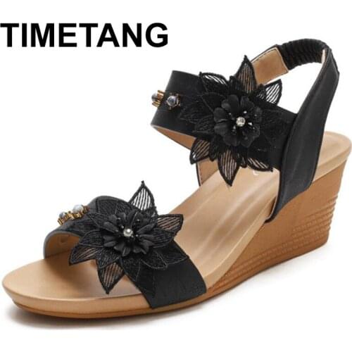 TIMETANG Summer Sandals Women Wedge Heel Shoes Soft Leather Flower Design Ladies Shoes Female Large Plus Size 36-42
