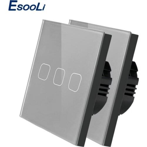 Esooli Gray Crystal Glass Switch Panel, EU Standard Touch Switch 3 Gang 1 Way,Wall Light Touch Screen Switch,2 pcs/ pack