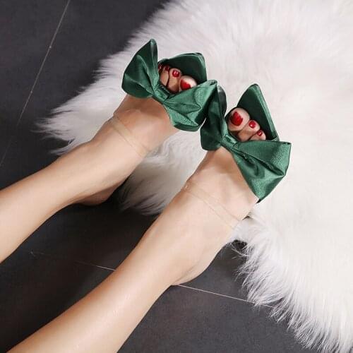 2021 New Summer Women Slippers Sweet Satin Bowtie Mule High Heels Slippers Sandals Sexy Pointed Toe Slides Party Shoes Woman