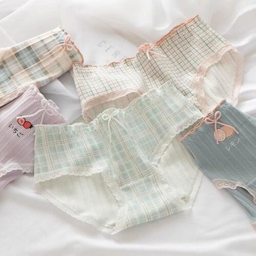 Girls' Small Fresh Plaid Fruit Pure Cotton Panties Mid-waist Fashion Comfortable Breathable Panties Ladies Cute Panties Panties