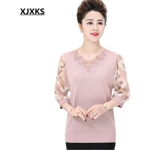 XJXKS Spring Thin Sweater Chiffon Sleeve Pull Femme Vintage Plus Size Women Pullover Knitted Sweater Breathable Tops