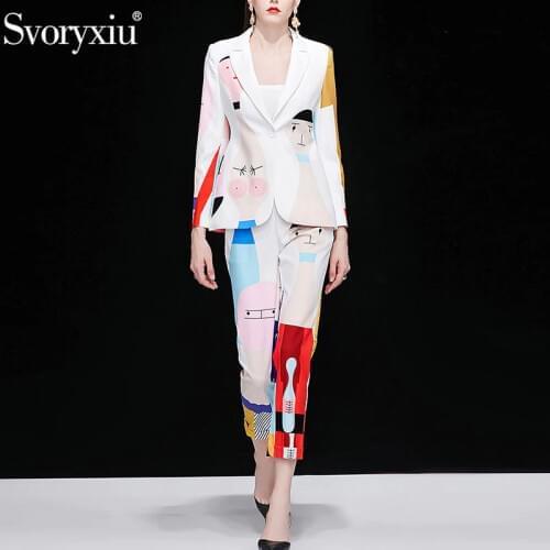 Svoryxiu Autumn Designer Fashion Two Piece Set Womens Long Sleeve Blazers + Ankle Length Pants Abstract Printed Suit Set