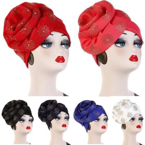 Women Stylish Side Big Flowers Diamond Decor Turban Hats Hair Head Wrap Cap HATQD0058