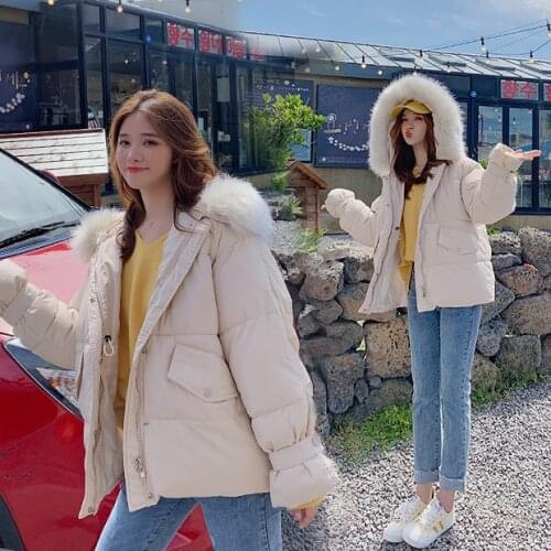 Winter new Korean students thick pink loose cotton women white padded Warm casual hooded jacket