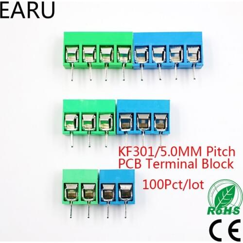 100Pcs/lot KF301-5.0-2P KF301-3P KF301-4P Pitch 5.0mm Straight Pin 2P 3P 4P Screw PCB Terminal Block Connector Blue Green