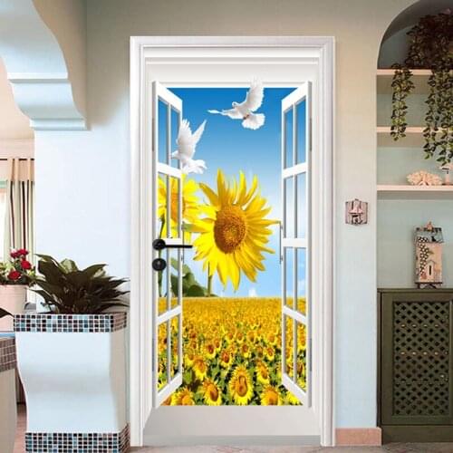 3D Wall Sticker PVC Self-Adhesive Waterproof Door Sticker Living Room Bedroom 3D Stereo Window Sunflower Mural Wallpaper Poster
