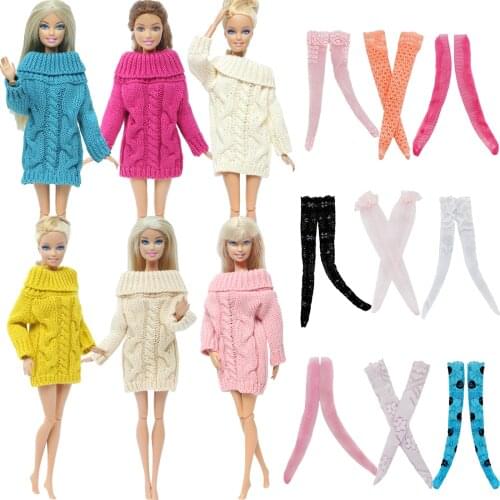 5 Pcs/Lot = 2x Colourful Wool Pure Cotton Sweater Doll Dress + Random 3x Lace Stockings Accessories Clothes for Barbie Doll Toy