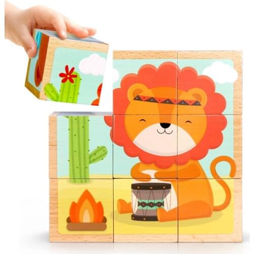 Cartoon animal six-sided puzzle three-dimensional building toys Childrens wooden baby 1-2-3-6 years old puzzle toys