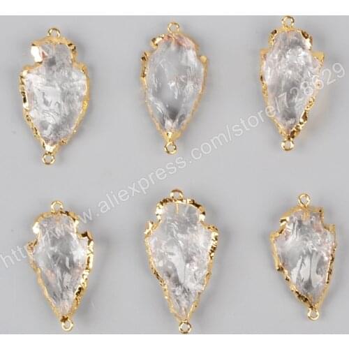 BOROSA 5Pcs/lot New Arrival Gold Color Rough Natural White Quartz Carved Arrowhead Connector Double Bails G0942