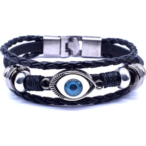 2019 New Arrival Black & Brown Multi-layer Leather Bracelet Men 20.5cm Evil Eye Bracelet Wholesale Fashion beads Jewelry