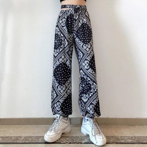 Women’s Casual Loose Harem Trousers Fashion Print Hollow High-waist Elastic Feet Long Pants Summer Streetwear Sweatpants