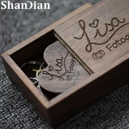 SHANDIAN Wooden Heart USB2.0 Flash Drive 4GB 8GB 16GB 32GB 64GB 128G Pen Drives Free LOGO Memory Stick Wedding Photography Gifts