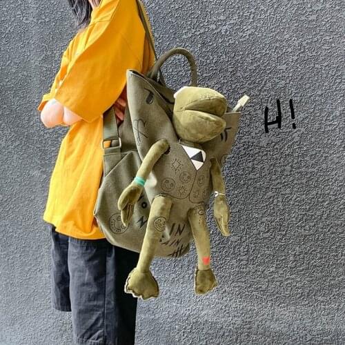 Frog Stereo Doll Backpack Girls Canvas Doodle Backpack School Bag Kawaii Womens Shoulder Bag Large-capacity Travel Bag