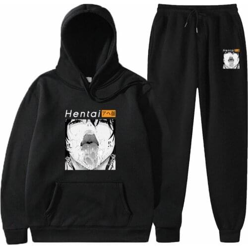 Japanese Anime Harajuku Waifu Hoodies Otaku Lewd Hentai Cute Girl Graphics hoodie+pant suit Pullover Men/women Kawaii hoodie set