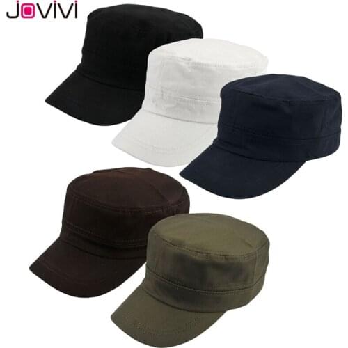 Jovivi Bulk Price Military Style Flat Top Cap Adjustable Army Hat Cadet Corps Hat Plain Baseball Cap Peaked Hats for Men Women